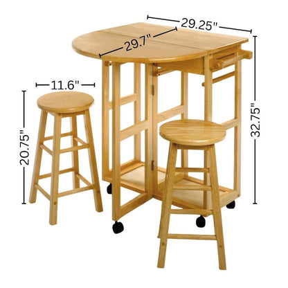 3-Pc Solid Wood Space Saver Dining Set with Drop Leaf Table, Brown