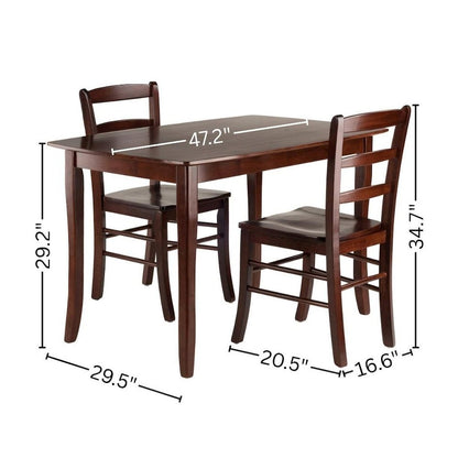 3-Piece Dining Set, Solid Wood Table, Two Ladderback Chairs, Brown Finish