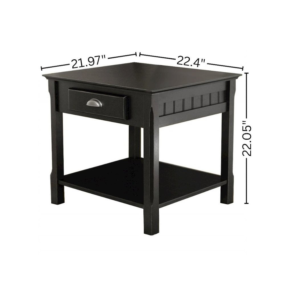 Side Table, Black End Table, Drawer and Shelf, Square Furniture