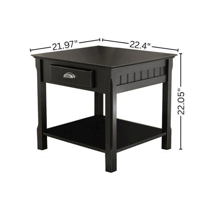 Side Table, Black End Table, Drawer and Shelf, Square Furniture