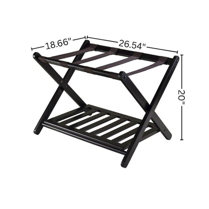 Foldable Luggage Rack with Shelf, Brown Nylon Straps, Slim Fold