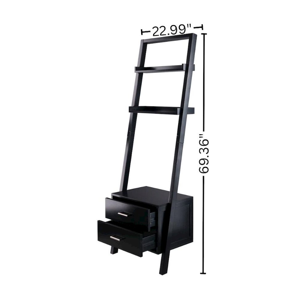Black Leaning Shelf, Ladder Design, Storage Rack, Two Drawers