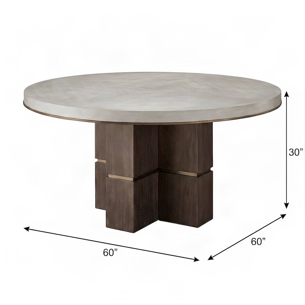 Anigre Veneer Round Dining Table with Satin Bronze Metal Trim, Silver Fox/Otter