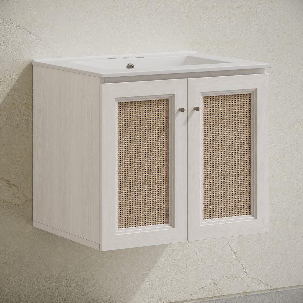 Wall-Mounted Bathroom Vanity in White Oak with Centerset Faucet Holes Vanity Top