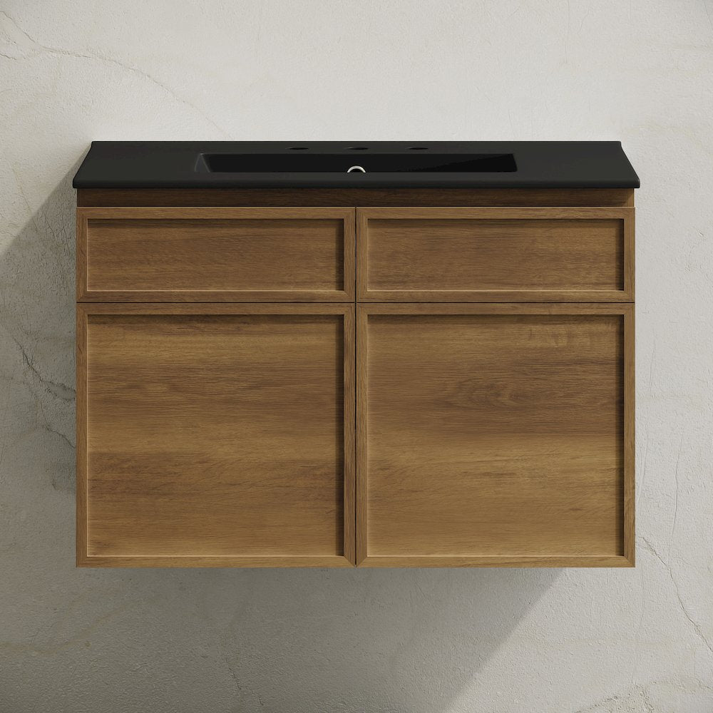 30" Wall-Mounted Bathroom Vanity in Brown Oak, Black 3-Hole Widespread Sink Top