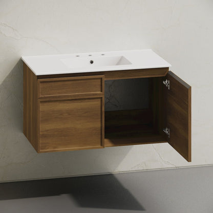 36" Wall-Mounted Bathroom Vanity in Brown Oak with 3-Hole Widespread Sink Top