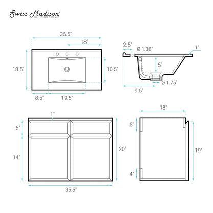36" Wall-Mounted Bathroom Vanity in Brown Oak with 3-Hole Widespread Sink Top