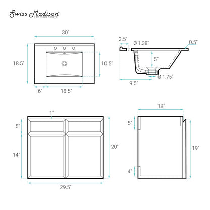 30" Wall-Mounted Bathroom Vanity in Brown Oak, Black 3-Hole Widespread Sink Top