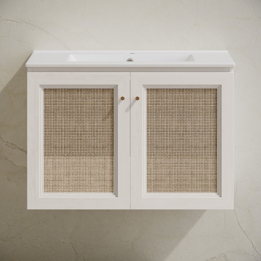 30" Wall-Mounted Bathroom Vanity in White Oak with Single Faucet Hole Vanity Top