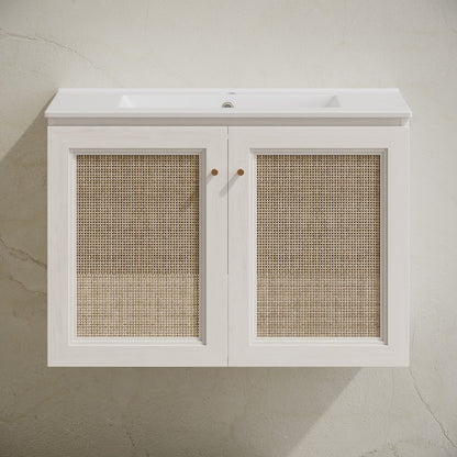 30" Wall-Mounted Bathroom Vanity in White Oak with Single Faucet Hole Vanity Top