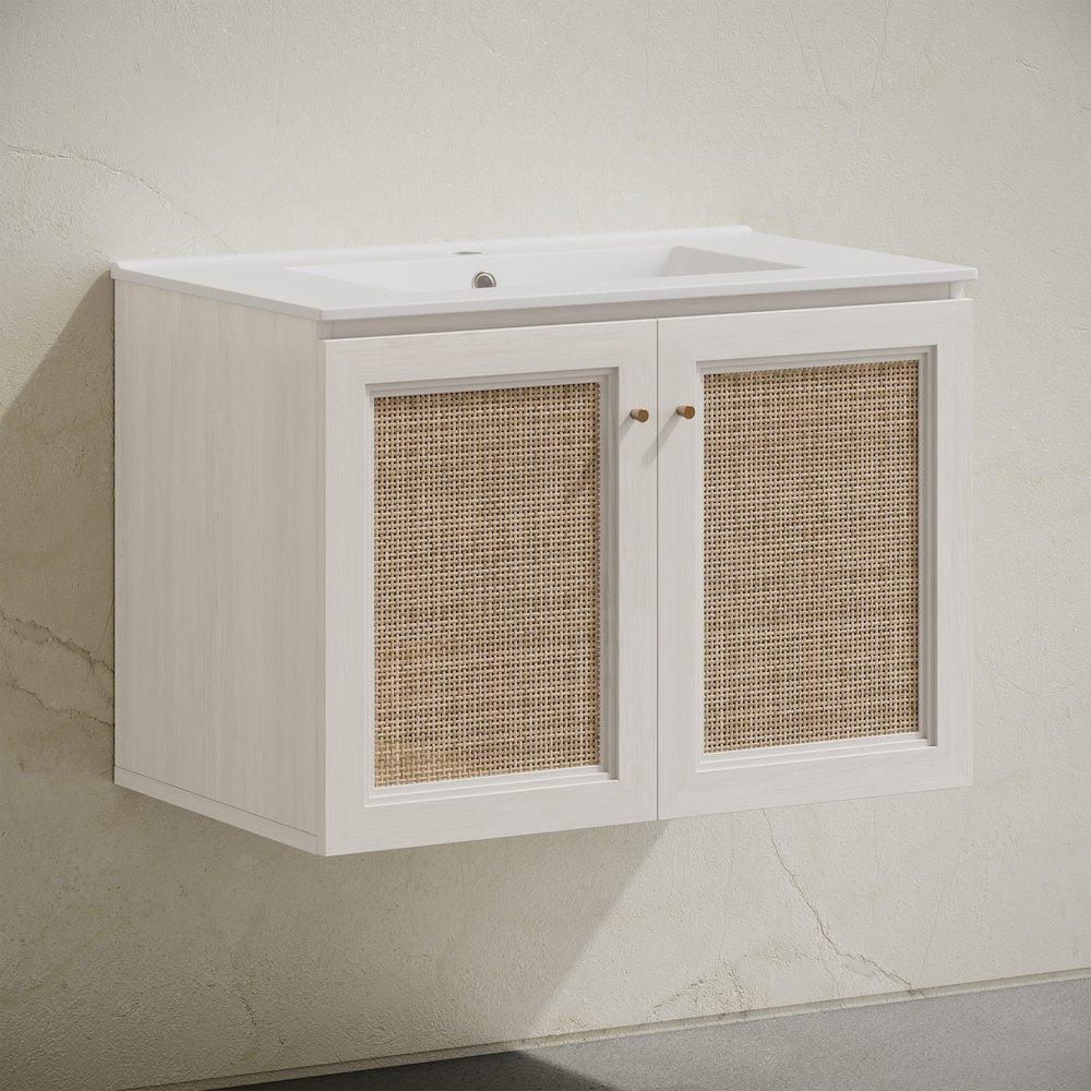 30" Wall-Mounted Bathroom Vanity in White Oak with Single Faucet Hole Vanity Top