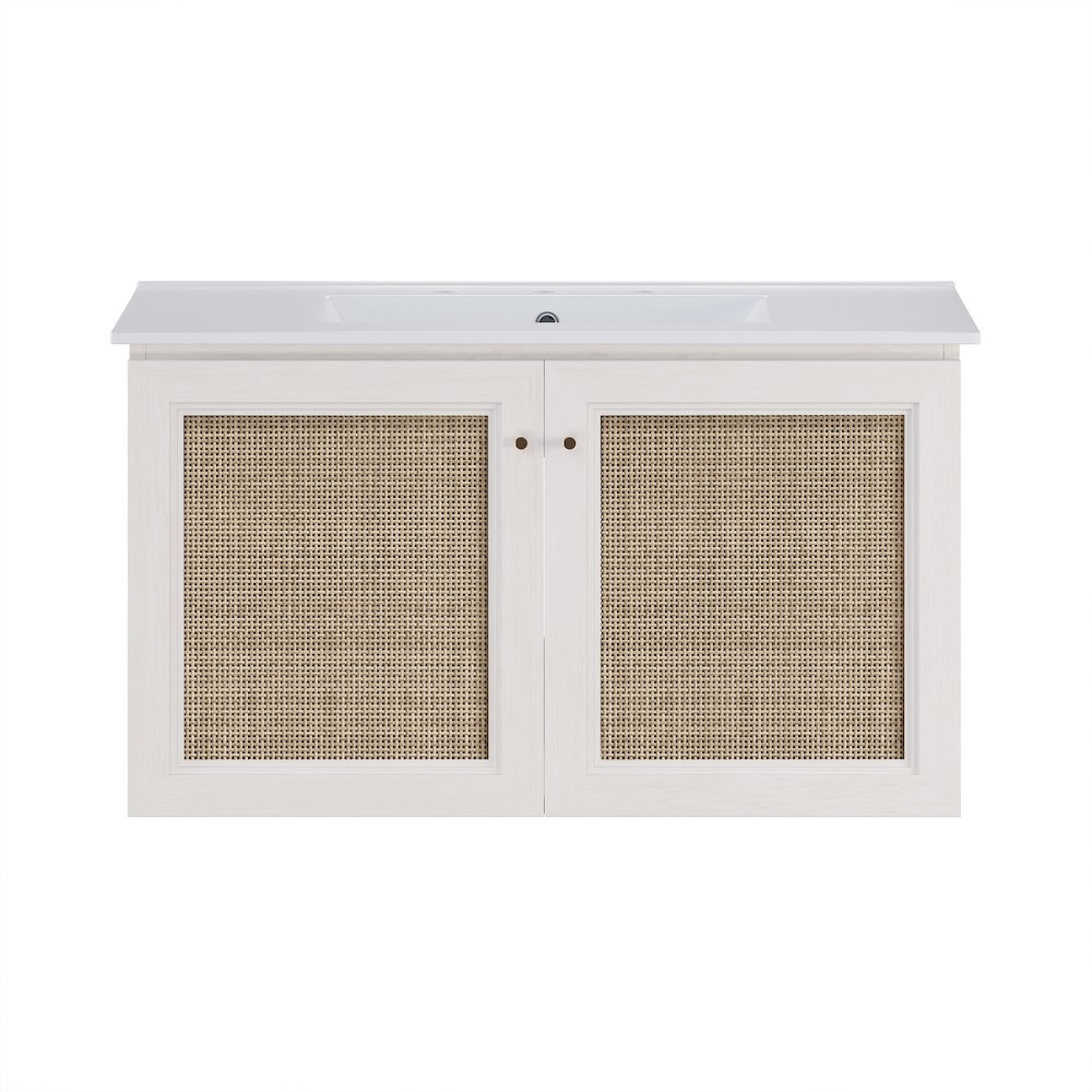 36" Wall-Mounted Bathroom Vanity, White Oak, Widespread Faucet Holes Vanity Top