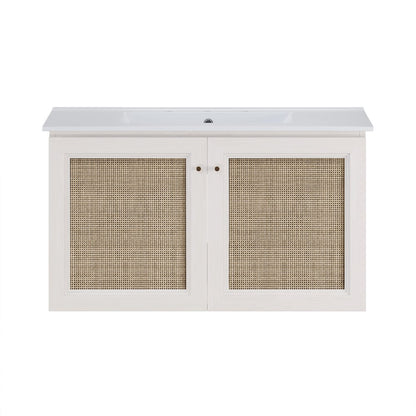 36" Wall-Mounted Bathroom Vanity, White Oak, Widespread Faucet Holes Vanity Top