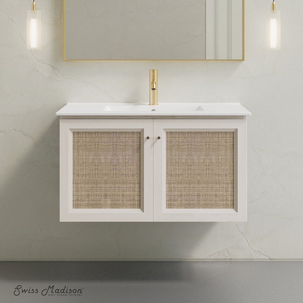 36" Wall-Mounted Bathroom Vanity in White Oak with Single Faucet Hole Vanity Top