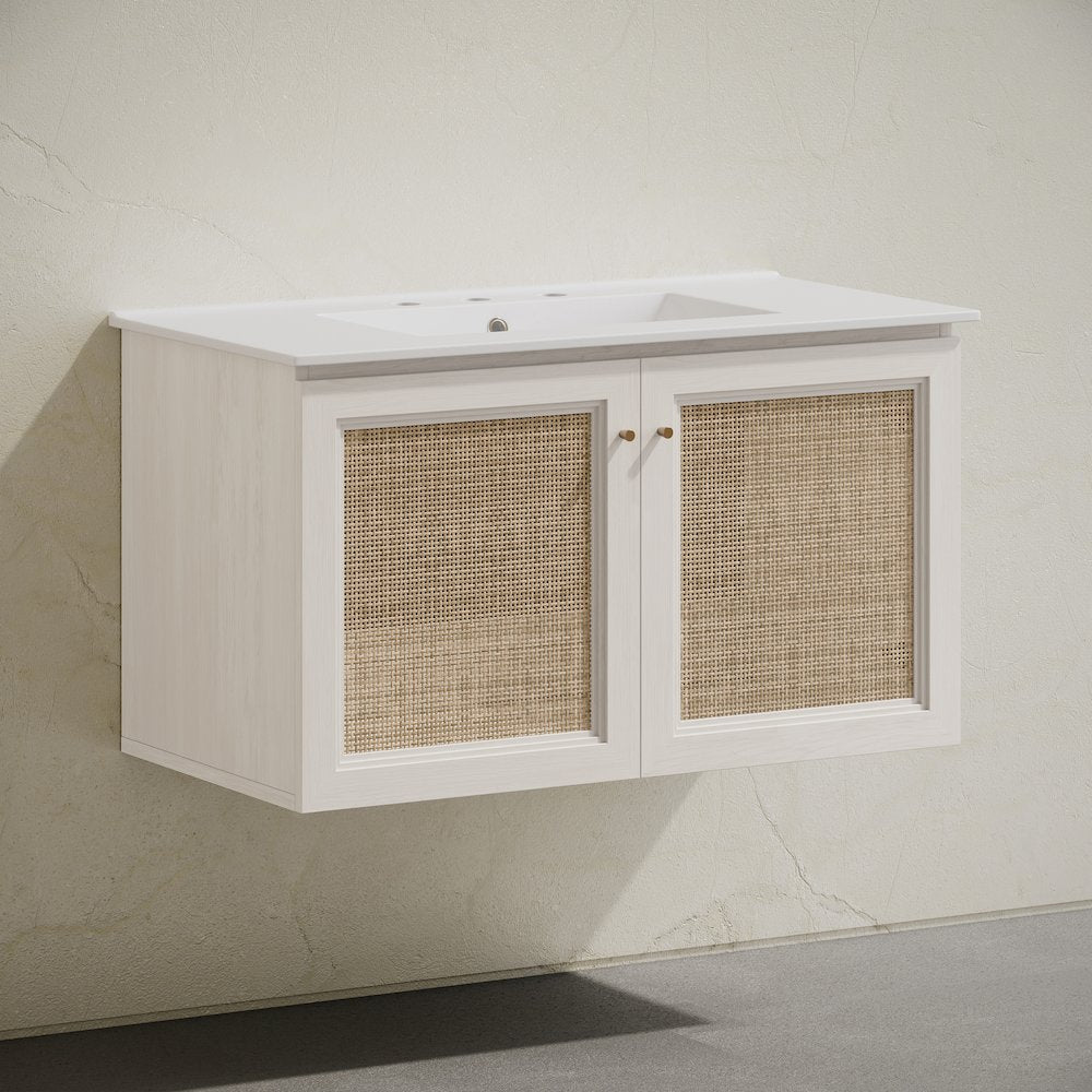 36" Wall-Mounted Bathroom Vanity, White Oak, Widespread Faucet Holes Vanity Top
