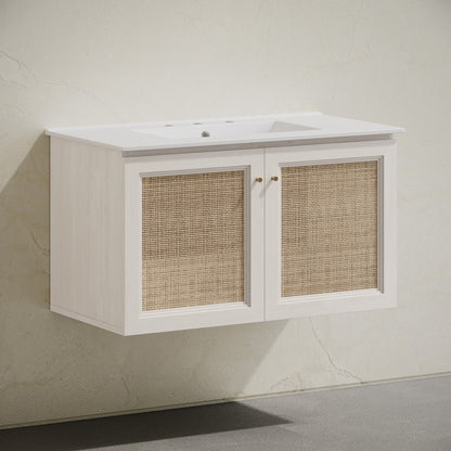 36" Wall-Mounted Bathroom Vanity, White Oak, Widespread Faucet Holes Vanity Top