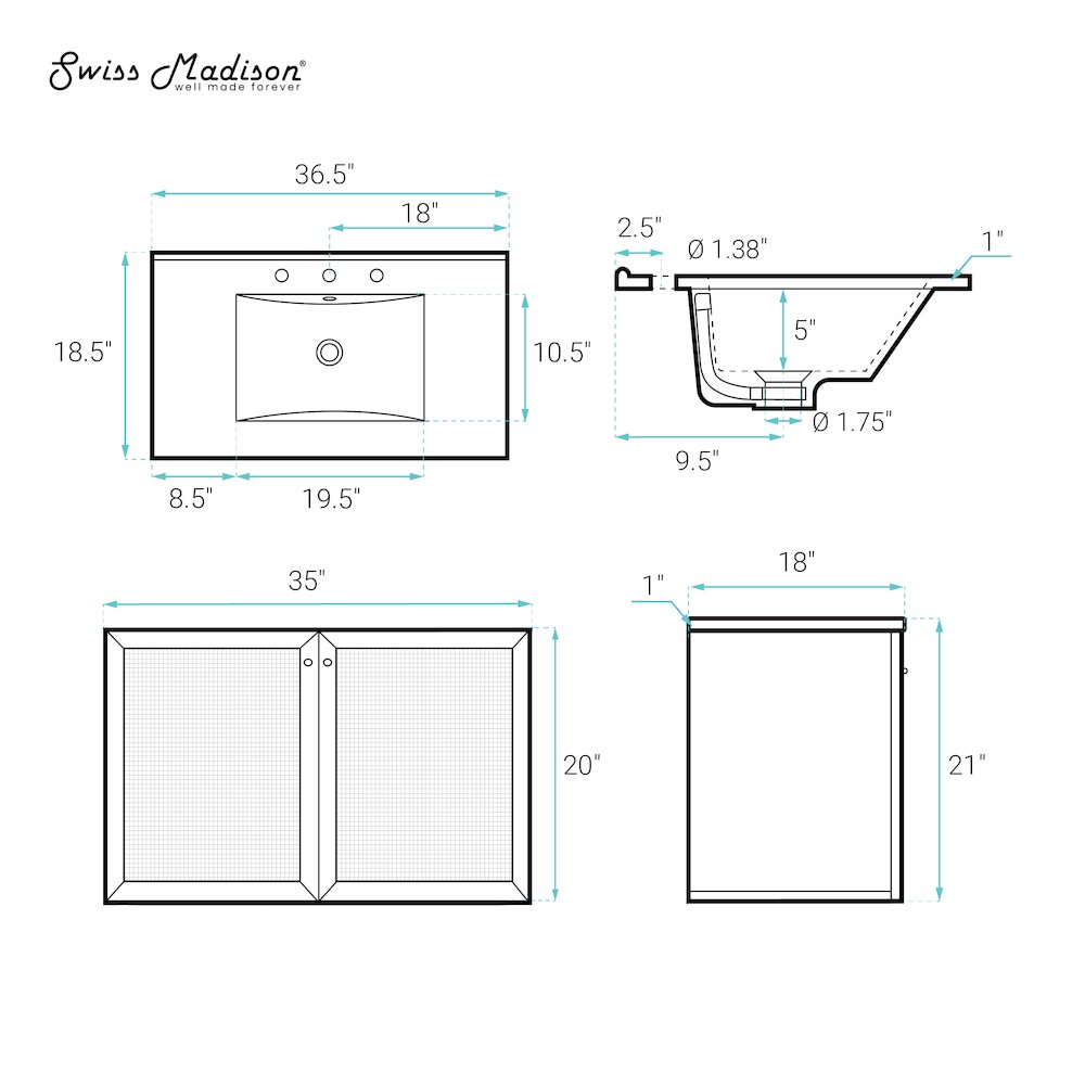36" Wall-Mounted Bathroom Vanity, White Oak, Widespread Faucet Holes Vanity Top