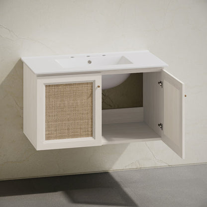 36" Wall-Mounted Bathroom Vanity, White Oak, Widespread Faucet Holes Vanity Top