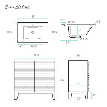Cascade 30" Freestanding Bathroom Vanity in Brown Oak with Sink Top