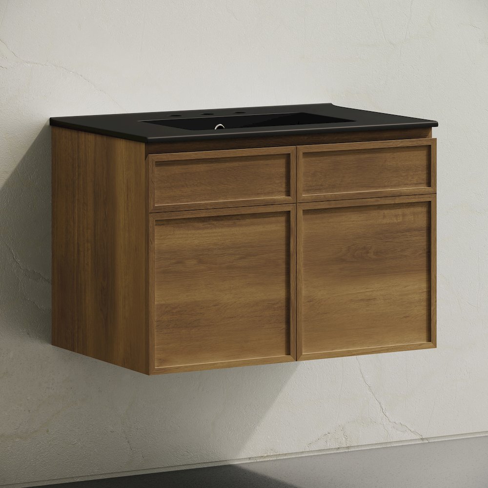 30" Wall-Mounted Bathroom Vanity in Brown Oak, Black 3-Hole Widespread Sink Top