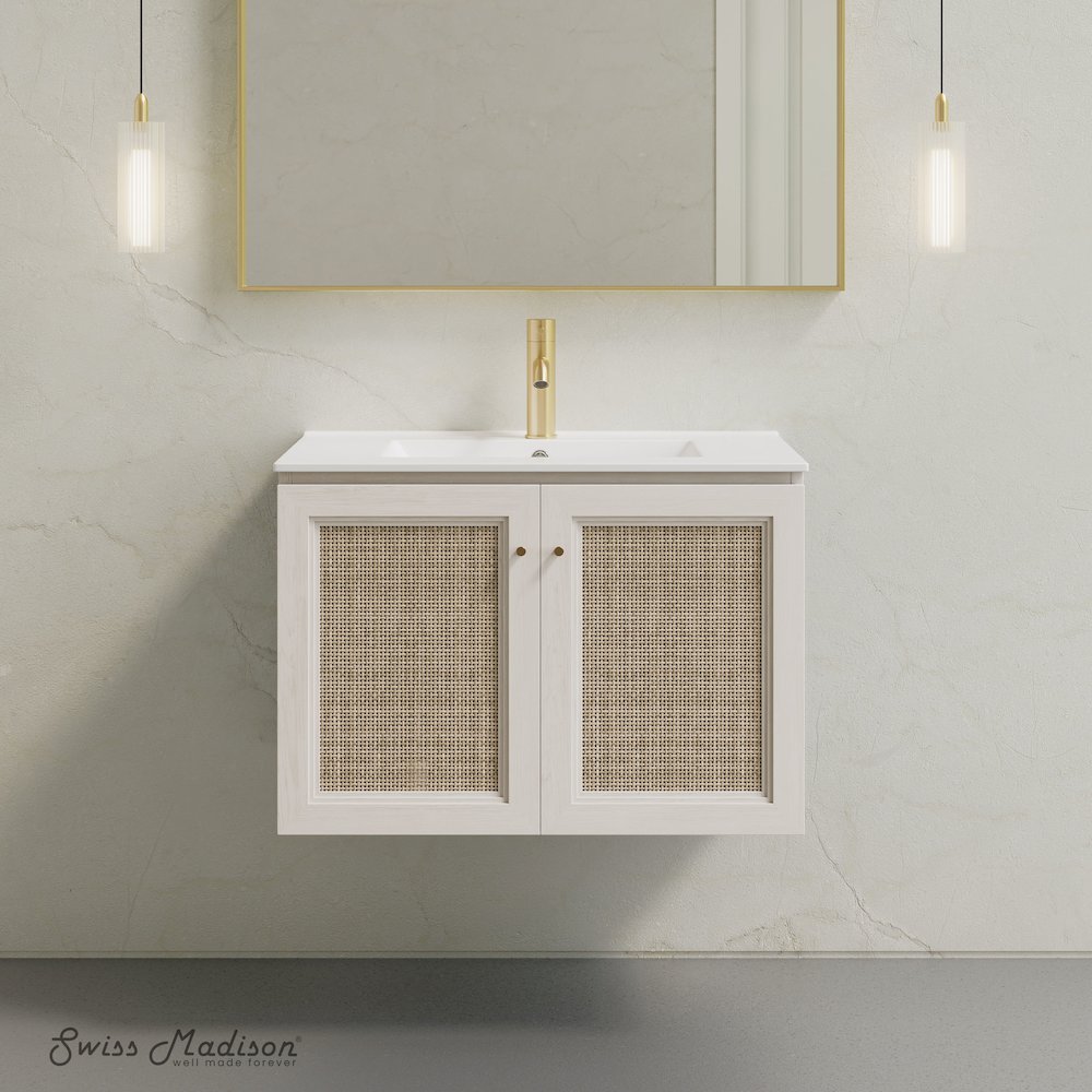 30" Wall-Mounted Bathroom Vanity in White Oak with Single Faucet Hole Vanity Top