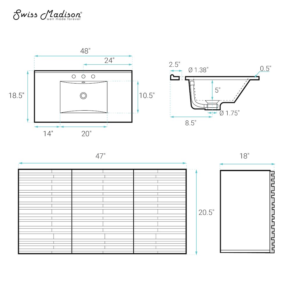 Cascade Wall-Mounted Bathroom Vanity in Black with 3-Hole Widespread Sink Top