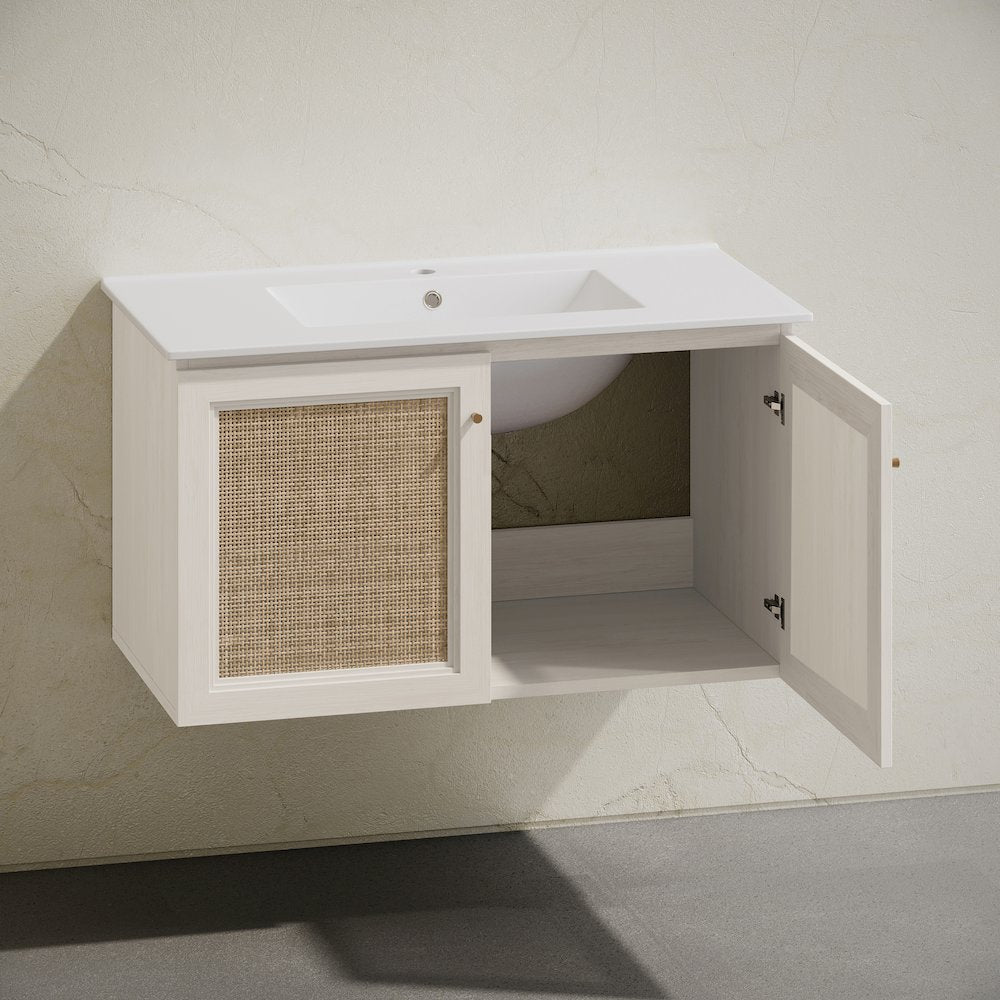 36" Wall-Mounted Bathroom Vanity in White Oak with Single Faucet Hole Vanity Top