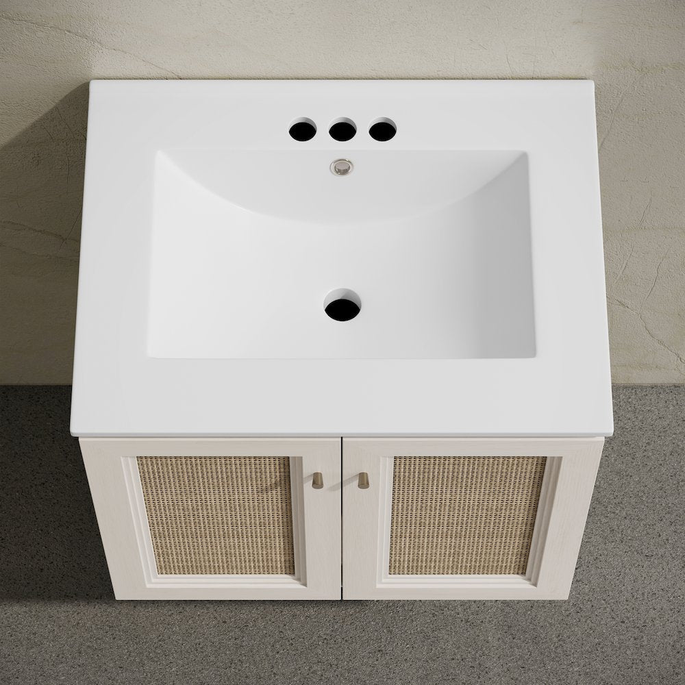 Wall-Mounted Bathroom Vanity in White Oak with Centerset Faucet Holes Vanity Top