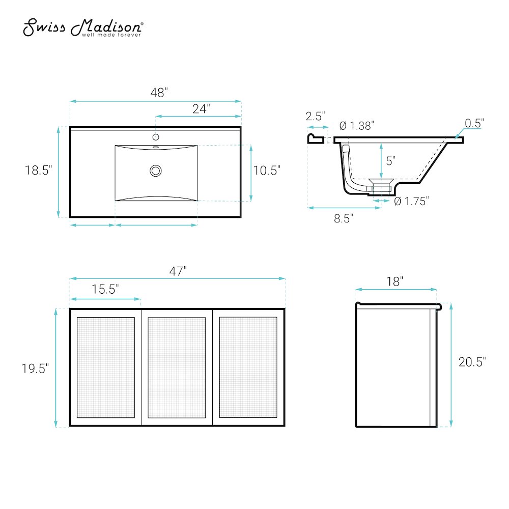 48" Wall-Mounted Bathroom Vanity in White Oak with Single Faucet Hole Vanity Top