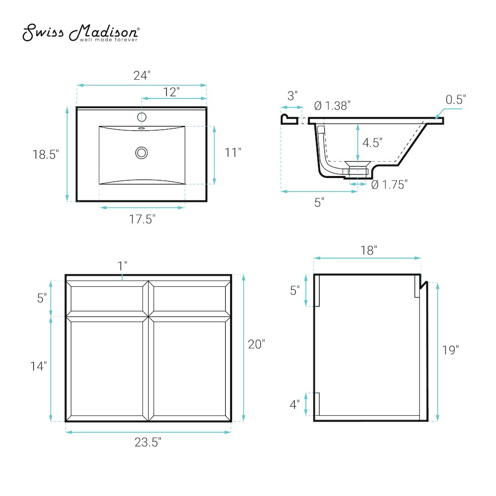 St. Tropez 24" Wall-Mounted Bathroom Vanity in White Oak with Black Sink Top
