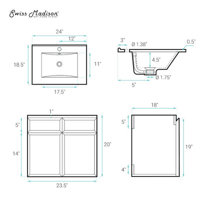 St. Tropez 24" Wall-Mounted Bathroom Vanity in White Oak with Black Sink Top