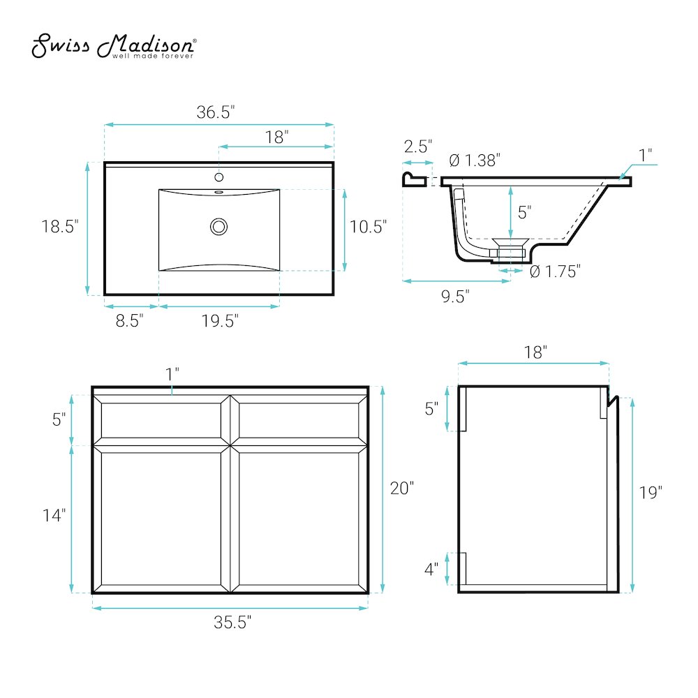 St. Tropez 36" Wall-Mounted Bathroom Vanity in Brown Oak with Black Sink Top