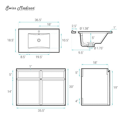 St. Tropez 36" Wall-Mounted Bathroom Vanity in Brown Oak with Black Sink Top