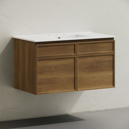 36" Wall-Mounted Bathroom Vanity in Brown Oak with 3-Hole Widespread Sink Top
