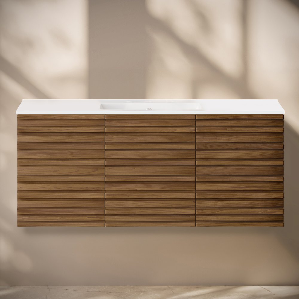 48" Wall-Mounted Bathroom Vanity in Brown Oak with 3-Hole Widespread Sink Top
