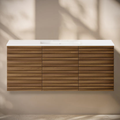 48" Wall-Mounted Bathroom Vanity in Brown Oak with 3-Hole Widespread Sink Top
