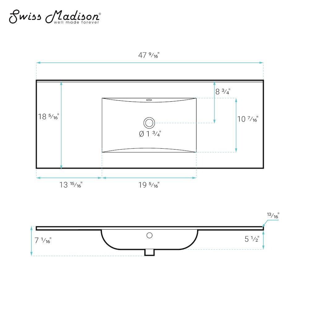 48" Zero Hole Vanity Sink Top in Glossy Black