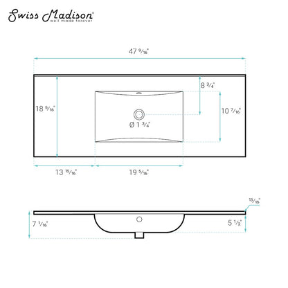 48" Zero Hole Vanity Sink Top in Glossy Black