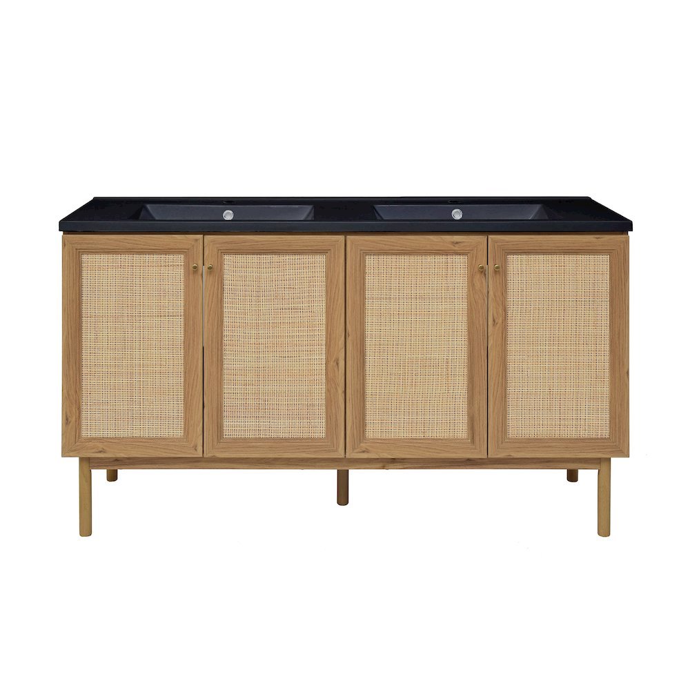 60" Freestanding Bathroom Vanity in Golden Oak with Black Double Basin Sink Top