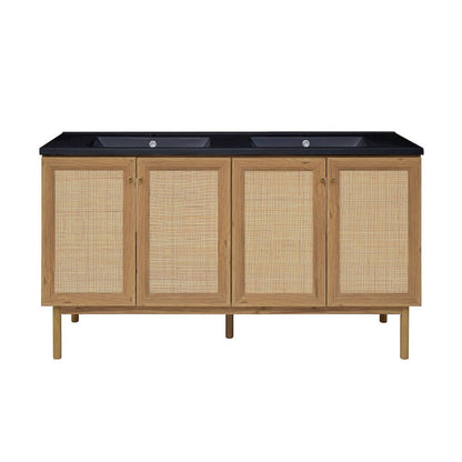 60" Freestanding Bathroom Vanity in Golden Oak with Black Double Basin Sink Top