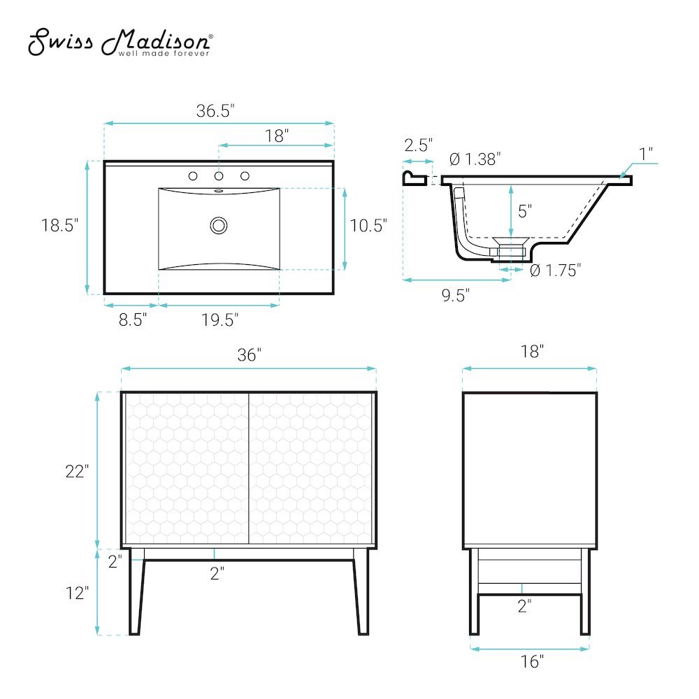 36" Freestanding Bathroom Vanity in Brown Oak, Black 3-Hole Widespread Sink Top