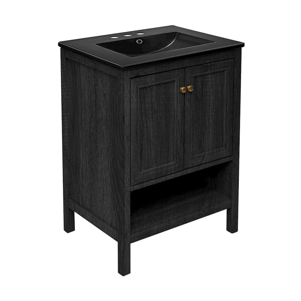 24" Freestanding Bathroom Vanity in Black Oak, Black 3-Hole Centerset Sink Top