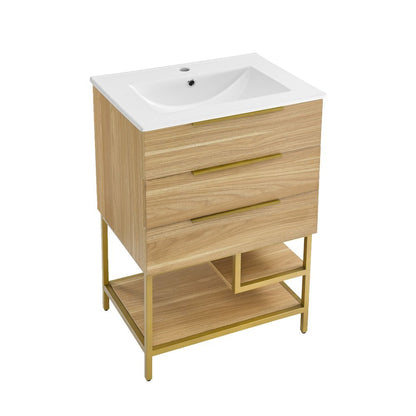 Carre 24" Freestanding Bathroom Vanity in Golden Oak with Sink Top