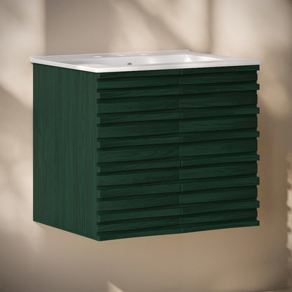 24" Wall-Mounted Bathroom Vanity in Green Oak with 3-Hole Widespread Sink Top