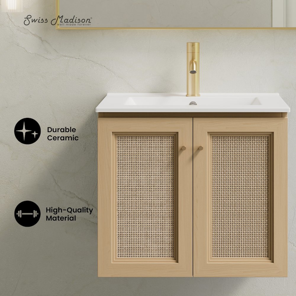 24" Wall-Mounted Bathroom Vanity in Natural Oak, Single Faucet Hole Vanity Top