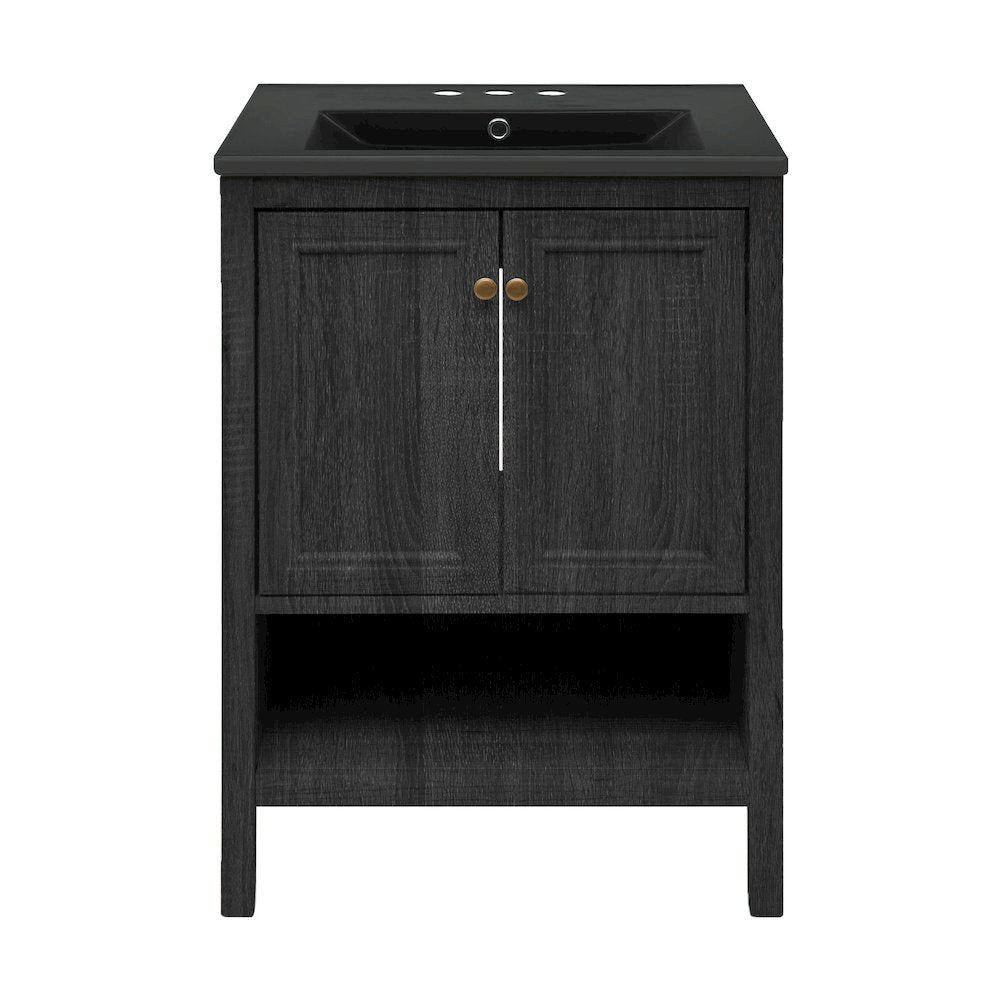 24" Freestanding Bathroom Vanity in Black Oak, Black 3-Hole Centerset Sink Top