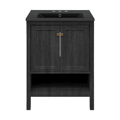 24" Freestanding Bathroom Vanity in Black Oak, Black 3-Hole Centerset Sink Top