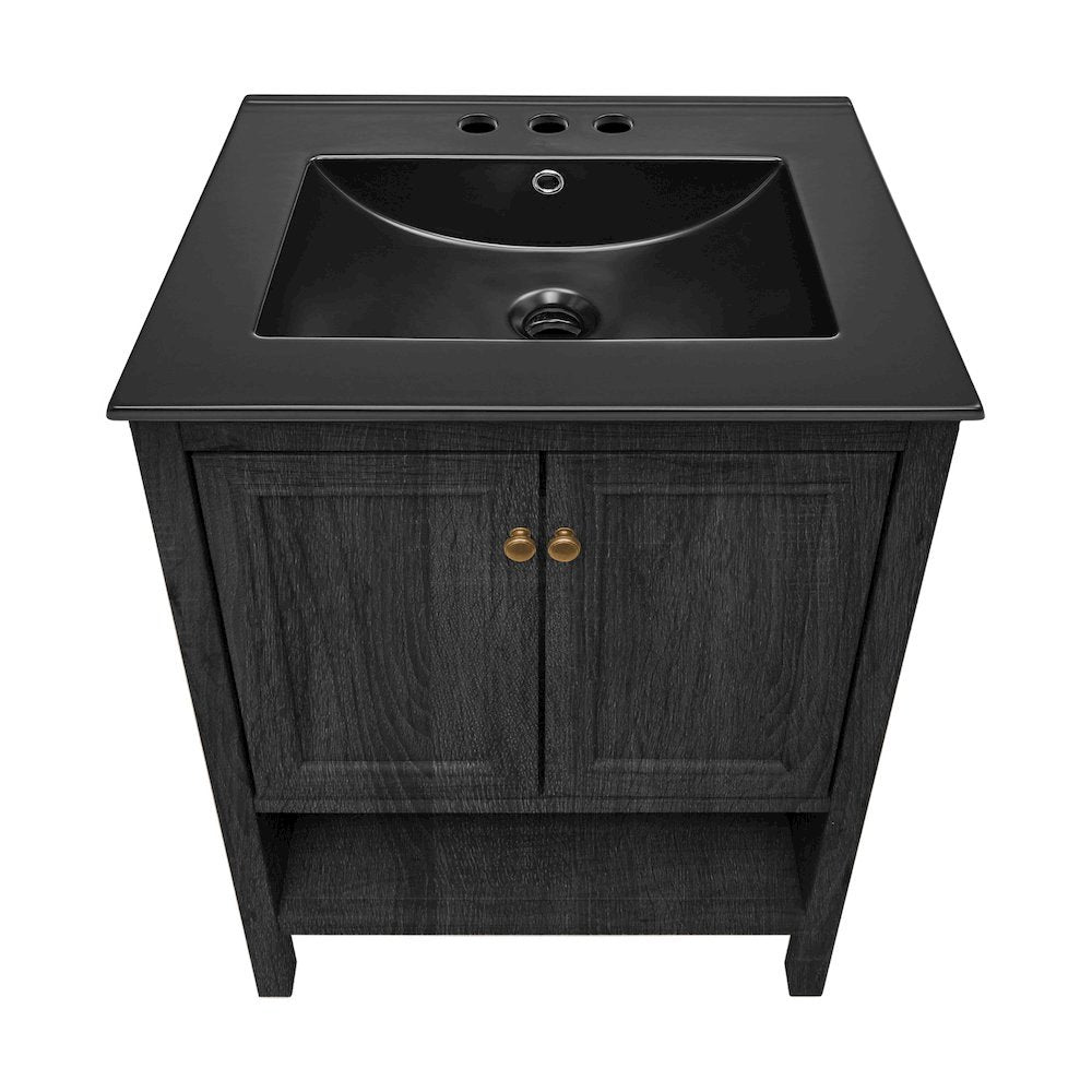 24" Freestanding Bathroom Vanity in Black Oak, Black 3-Hole Centerset Sink Top