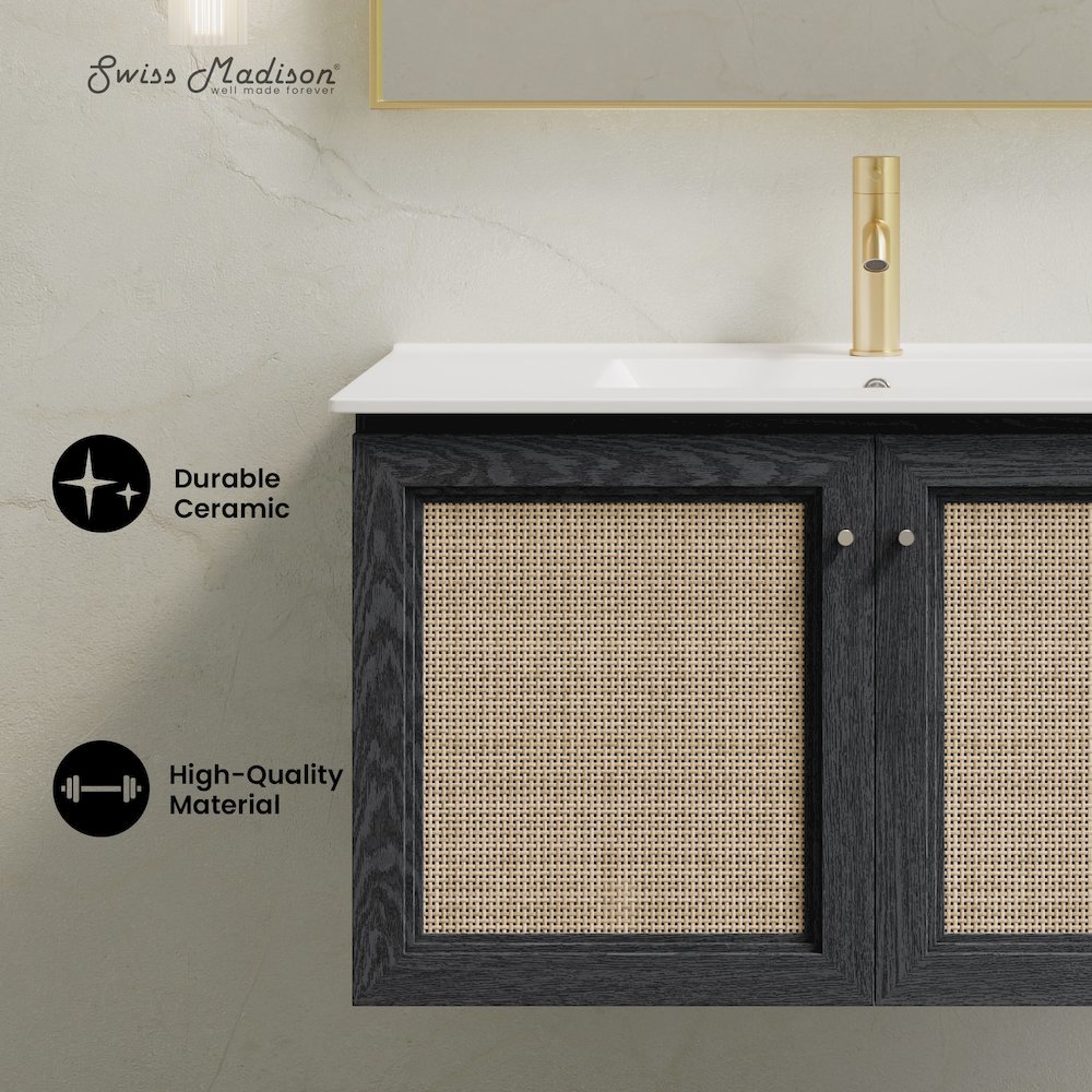 36" Wall-Mounted Bathroom Vanity in Black Oak with Single Faucet Hole Vanity Top