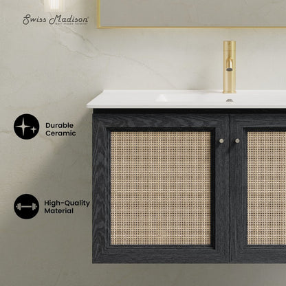 36" Wall-Mounted Bathroom Vanity in Black Oak with Single Faucet Hole Vanity Top